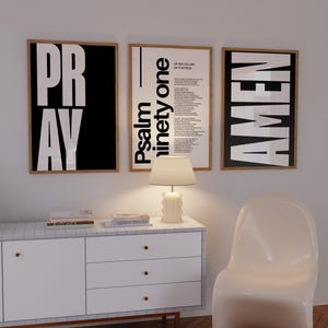 Set van 3 moderne minimalistische bijbelvers christelijke schrift kunst aan de muur interieur Psalm 91 bid Amen trendy typografie poster