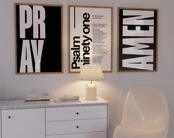 Set of 3 Modern Minimalist Bible Verse Christian Scripture Wall Art Home Decor Psalm 91 Pray Amen Trendy Typography Poster