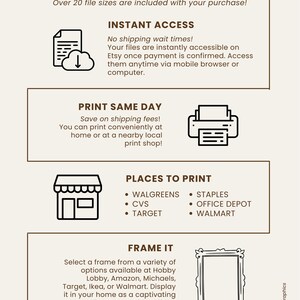 May include: Digital download graphic with instructions for printing a printable at home or at a local print shop. The graphic includes a list of places to print, such as Walgreens, CVS, Target, Staples, Office Depot, and Walmart. The graphic also includes a section on framing the printable.