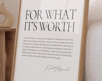 Fitzgerald Print, “For What It’s Worth” Motivational Wall Art, Digital Quote Download