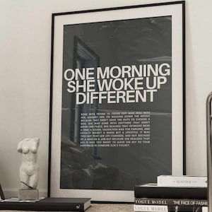 One Morning She Woke Up Different, Trendy Typography Feminist Female Empowerment Wall Art, Strong Women Quote, Black and White Aesthetic