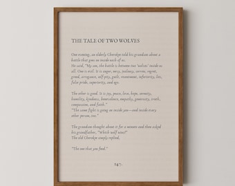 Two Wolves Print, Book Page Printable Wall Art with Cherokee Legend Quote