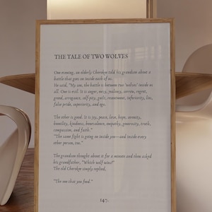 Eine Geschichte von zwei Wölfen, Literarisches Zitat, Gedicht-Wand-Kunst-Dekor, Inspirierende Worte Zitate Positiv, Buch Seite Kunst Ästhetik, Rustikales Bauernhaus