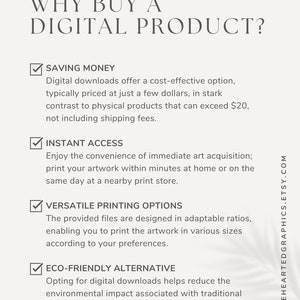 May include: A checklist with four reasons why buying a digital product is a good choice. The reasons are: saving money, instant access, versatile printing options, and eco-friendly alternative.