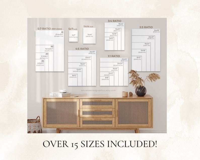 May include: A white wall with a variety of white rectangles displaying different sizes and ratios of printable art. The text "OVER 15 SIZES INCLUDED!" is at the bottom of the image.