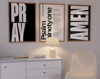 Set of 3 Modern Minimalist Bible Verse Christian Scripture Wall Art Home Decor Psalm 91 Pray Amen Trendy Typography Poster