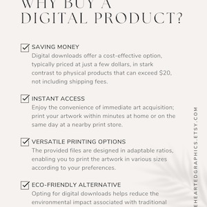 May include: A checklist with four reasons why buying a digital product is beneficial. The reasons are: saving money, instant access, versatile printing options, and eco-friendly alternative.