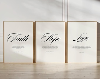 Scripture Prints Set Of 3, Faith Hope Love Bible Verse Wall Art Download