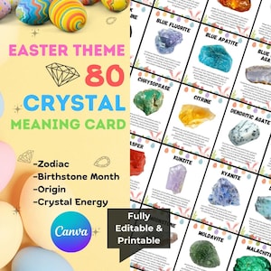 EASTER 80 Editable Crystal Meaning Cards, Printable Gemstone Meaning Cards with Meaning of Stones, Digital Crystal Cards, Zodiac, Birthstone
