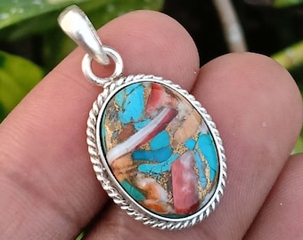 Handmade Spiny Oyster Turquoise Pendant 925 Sterling Silver Bezel Setting Pendant Jewelry For Her