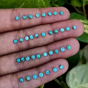 Op de afbeelding: Een verzameling turquoise cabochons, gerangschikt in rijen op een hand. De cabochons zijn rond en hebben een glad, gepolijst oppervlak. Ze zijn lichtblauw van kleur met een groene tint.