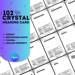 102 carte modificabili con il significato dei cristalli, carte stampabili con il significato delle pietre preziose con zodiaco, pietra portafortuna, chakra carte digitali con cristalli