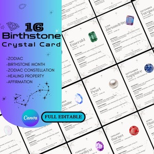 Tarjetas con el significado de cristales de piedra natal editables, tarjetas con el significado de piedras preciosas imprimibles con el significado de las piedras, tarjetas de cristales digitales, zodiaco