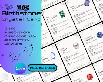 Birthstone Crystal Meaning Cards: Printable Gemstone Guide (Editable Canva Template) (Digital Download)