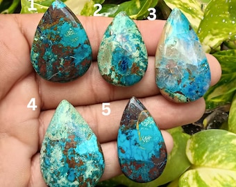 Natural Chrysocolla Pear Shape Cabochons Flat Back Smooth Loose Gemstones For Making Handmade Jewelry