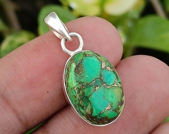 Handcrafted Green Copper Turquoise Pendant, Sterling Silver Bezel Setting, 10x14mm Oval Gemstone