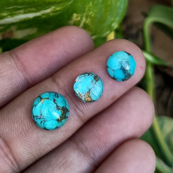 Piedra preciosa doble de turquesa y cobre azul: piedra redonda con cuadritos para joyería (8 mm y 10 mm)
