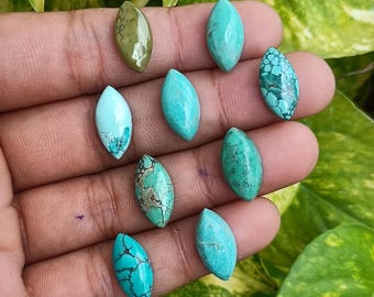 May include: A collection of marquise-shaped turquoise gemstones in various shades of blue and green. The gemstones have unique patterns and textures, with some displaying dark veining. The stones are displayed against a natural background.