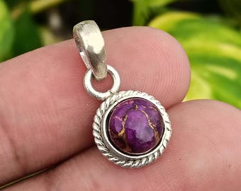 Purple Copper Turquoise Pendant, 925 Sterling Silver Bezel Setting, Handmade Round Gemstone Jewelry