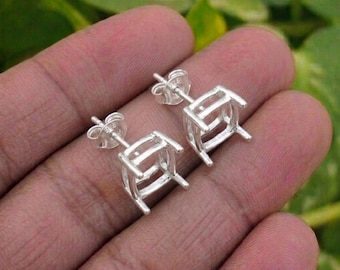 Handmade Prong Stud Earring Setting, 925 Silver Blank Cushion Stud Mounting