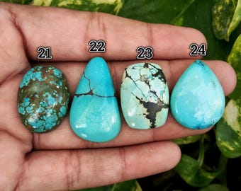 May include: Four turquoise gemstones in various shapes and shades of blue and green are displayed. Each stone is numbered, with the numbers 21, 22, 23, and 24 visible. The stones are held in a hand against a background of green foliage.