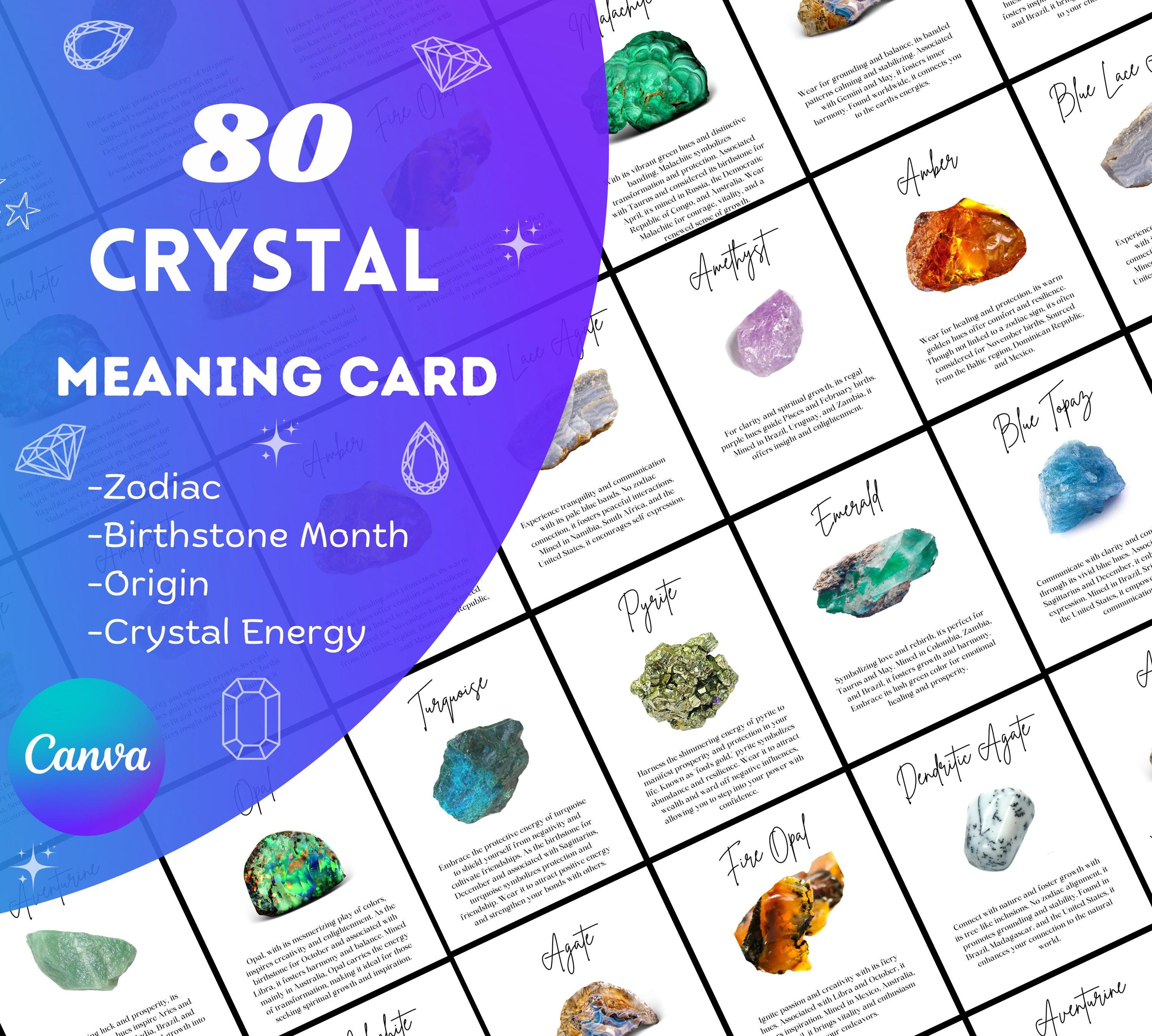 80 Editable Crystal Meaning Cards, Digital Crystal Cards, Zodiac, Birthstone Month, Printable Gemstone Meaning Cards with Meaning of Stones