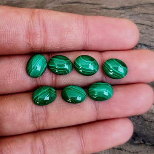 May include: Eight oval-shaped green malachite gemstones with a swirling pattern.