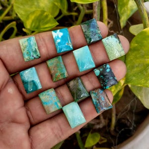 May include: A collection of rectangular turquoise gemstones in various shades of blue, green, and brown. The stones are held in a hand, with a background of green leaves. The gemstones have unique patterns and textures.