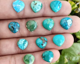 May include: A collection of heart-shaped turquoise gemstones in various shades of blue and green. The gemstones are displayed on a hand, showcasing their unique patterns and textures. Some stones have brown matrix inclusions.