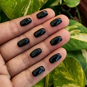 May include: A collection of eight polished, rectangular black gemstones. The stones are smooth and reflective, with a glossy finish. The gemstones are displayed on a hand, with green foliage in the background.