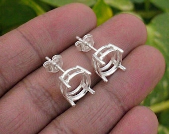 Handmade Prong Stud Earring Setting, 925 Silver Blank Round Stud Mounting