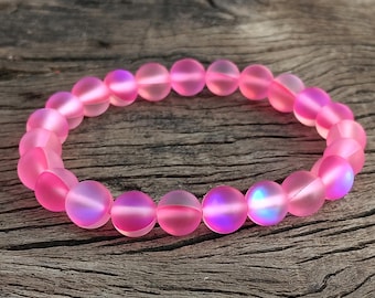 Mystic Aura Quartz Beaded Bracelet, 8mm Round Gemstone Bracelet (Pink)
