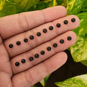 Puede incluir: Una colección de pequeñas gemas negras y redondas, posiblemente cabujones o cuentas, se exhiben en una mano. Las gemas están espaciadas uniformemente y tienen una superficie pulida y reflectante. El fondo presenta follaje verde.