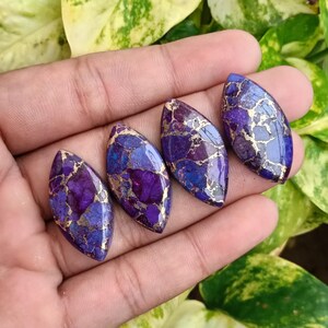 May include: Four polished, oval-shaped gemstones with a mix of purple, blue, and gold colors. The gemstones are held in a hand, with green foliage in the background. The stones have a mosaic-like appearance.