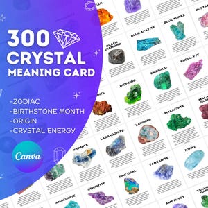 300 Editable Crystal Meaning Cards, Printable Gemstone Meaning Cards with Meaning of Stones, Digital Crystal Cards, Zodiac, Birthstone Month