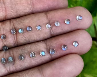 May include: A selection of small, round moonstone gemstones, displaying a play of colours including blue and grey. The gemstones are arranged on a hand, highlighting their size and clarity. Suitable for jewellery making. Each stone is approximately 0.3 cm in diameter.