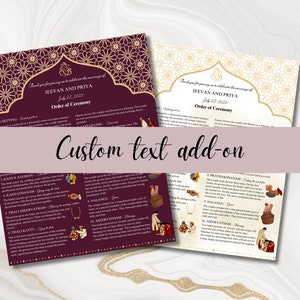 May include: A burgundy and gold wedding ceremony order of service with illustrations of traditional Indian wedding rituals. The text includes the names "Jeevan and Priya" and the date "July 22, 2023".