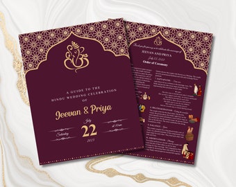 May include: A burgundy and gold wedding invitation with a Hindu deity and the text "A Guide to the Hindu Wedding Celebration of Jeevan & Priya" and "Saturday, July 22, 2023 at 11:00 am". The back of the invitation lists the order of ceremony for the wedding.