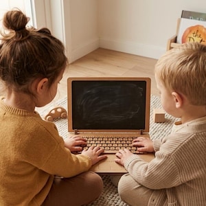 Peut inclure: Deux enfants utilisent un ordinateur portable jouet en bois avec un écran ardoise et un clavier. Ils portent des pulls et sont assis sur un tapis. Des étagères avec des livres pour enfants sont en arrière-plan.