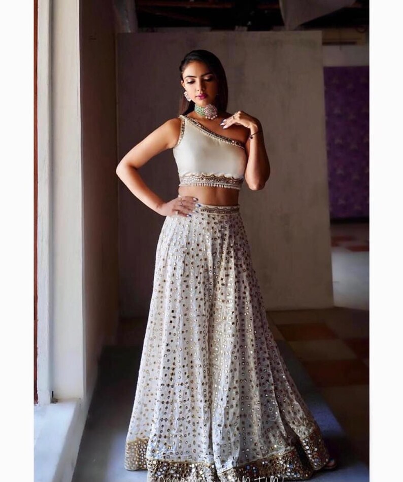 White Sharara With Crop Top Dress Indian Wedding Sangeet Etsy