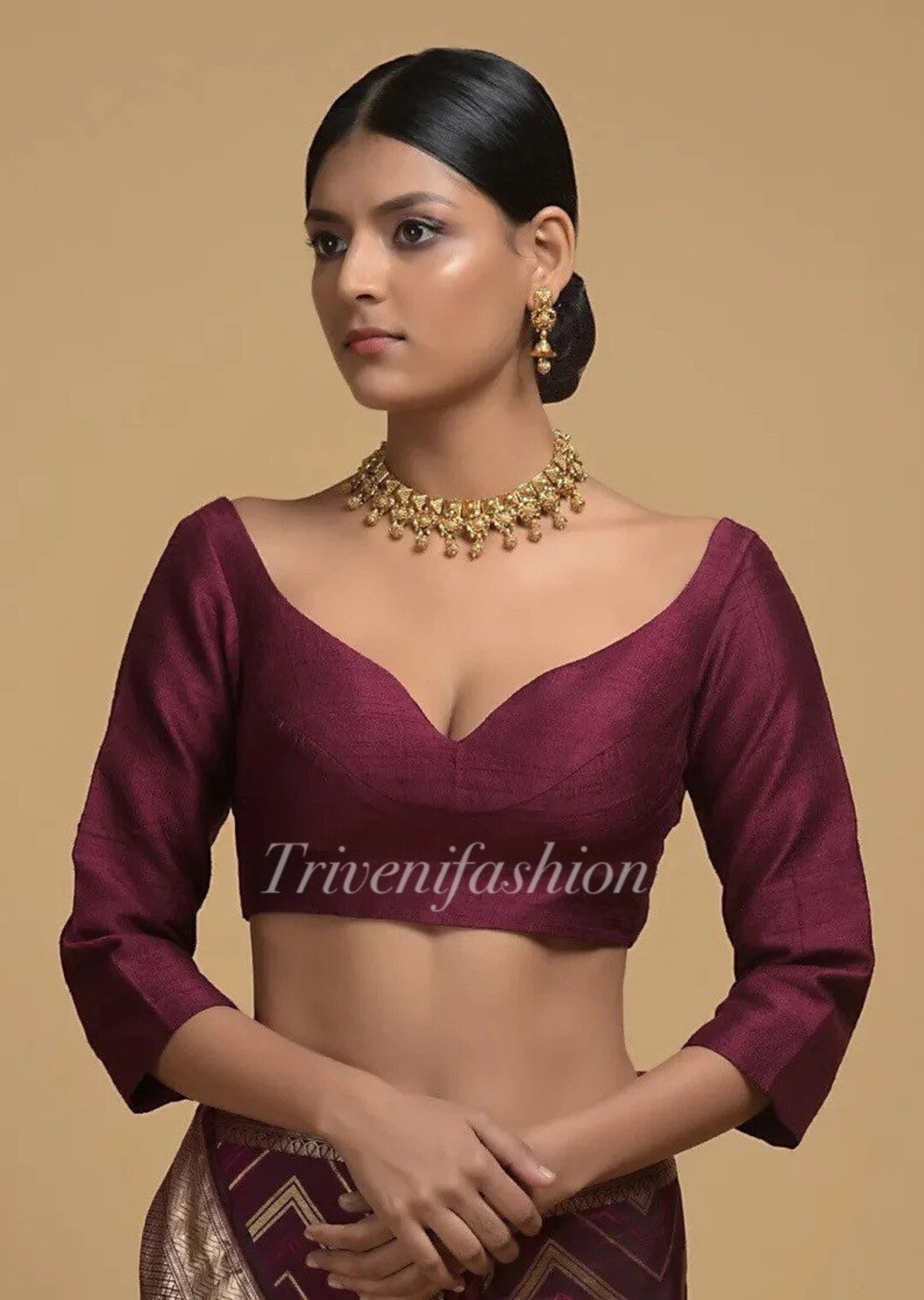 Maroon Blouse in Silk With Sweet Heart Neckline Elbow Sleeves Etsy