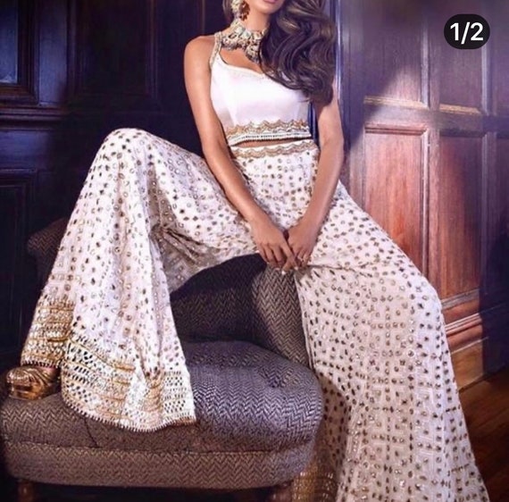 Buy Suruchi Parakh White Georgette Crepe Sequin Embroidered Top And Flared  Pant Set Online | Aza Fashions