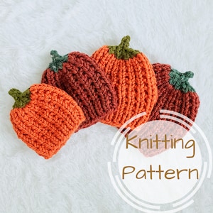 May include: Four knitted pumpkin hats in orange and brown with green stems. The hats are arranged in a semi-circle with the text "Knitting Pattern" in a white circle.