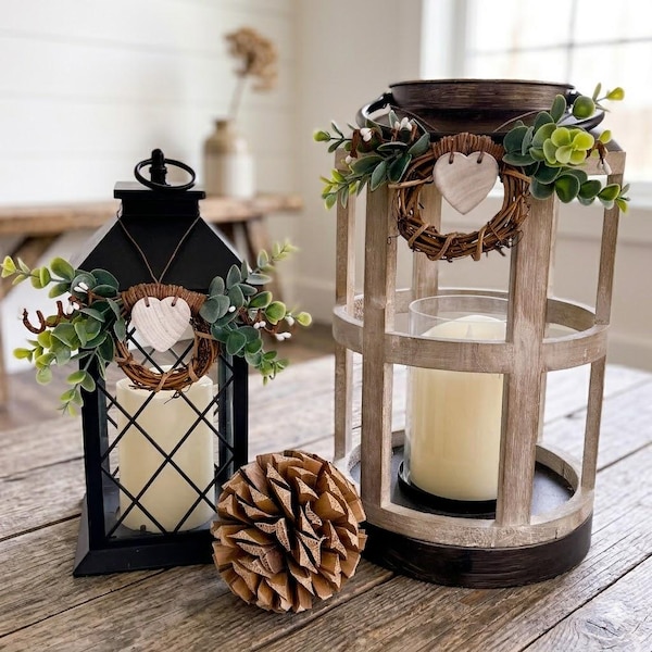 Farmhouse Lantern Swag: Eucalyptus & White Pips Rustic Centerpiece