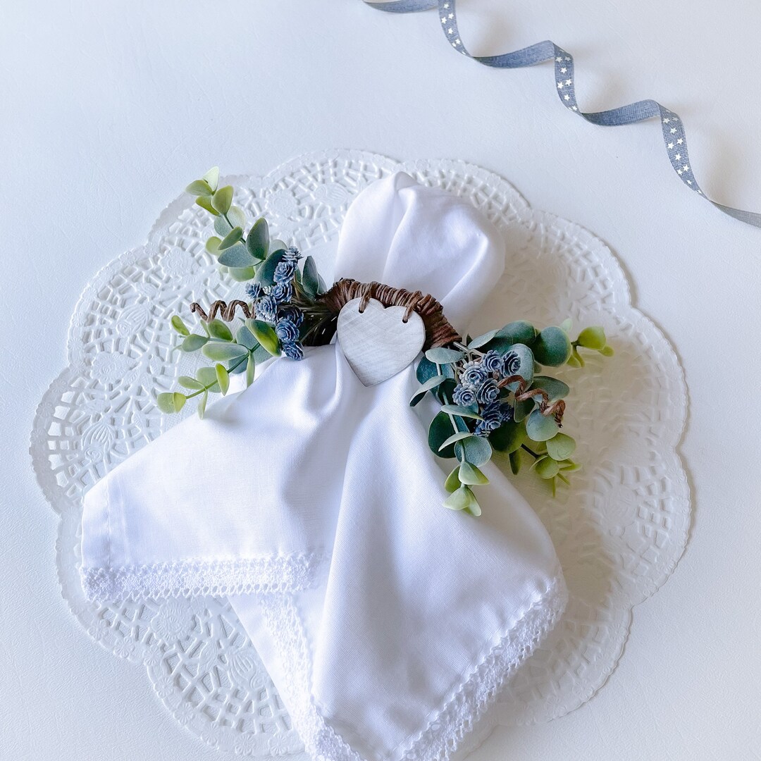 Frosted Eucalyptus Napkin Ring. Mini Faux Denim Roses Napkin Ring. Country Chic Napkin Ring