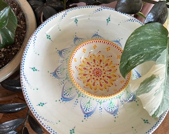 Hand Painted Ceramic Chip and Dip Platter, Rainbow Mandala Serving Dish