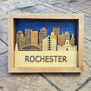 3D Shadow Box Rochester Ny Wall Art | Laser Cut, Stained, Painted | 11.5&quot; x 9&quot;x 1.75&quot; Stained Maple Frame