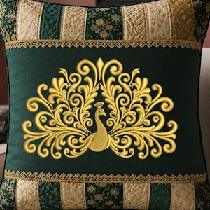 May include: A square throw pillow featuring a dark green center panel with a gold embroidered peacock design. The top and bottom borders consist of alternating vertical stripes in dark green and cream with floral patterns and gold lace trim.