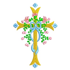 Könnte beinhalten: Ein goldenes Kreuz mit einer blauen Schleife und rosa Blumen. Das Kreuz ist mit grünen Blättern verziert und hat oben und unten eine rautenförmige Gestaltung.