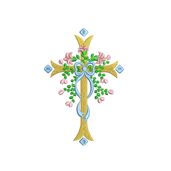 Cross Stitch Designs - Religious Embroidery Machine Embroidery Design Pattern - Catholic Embroidery File - Cross with Flowers Eucharist